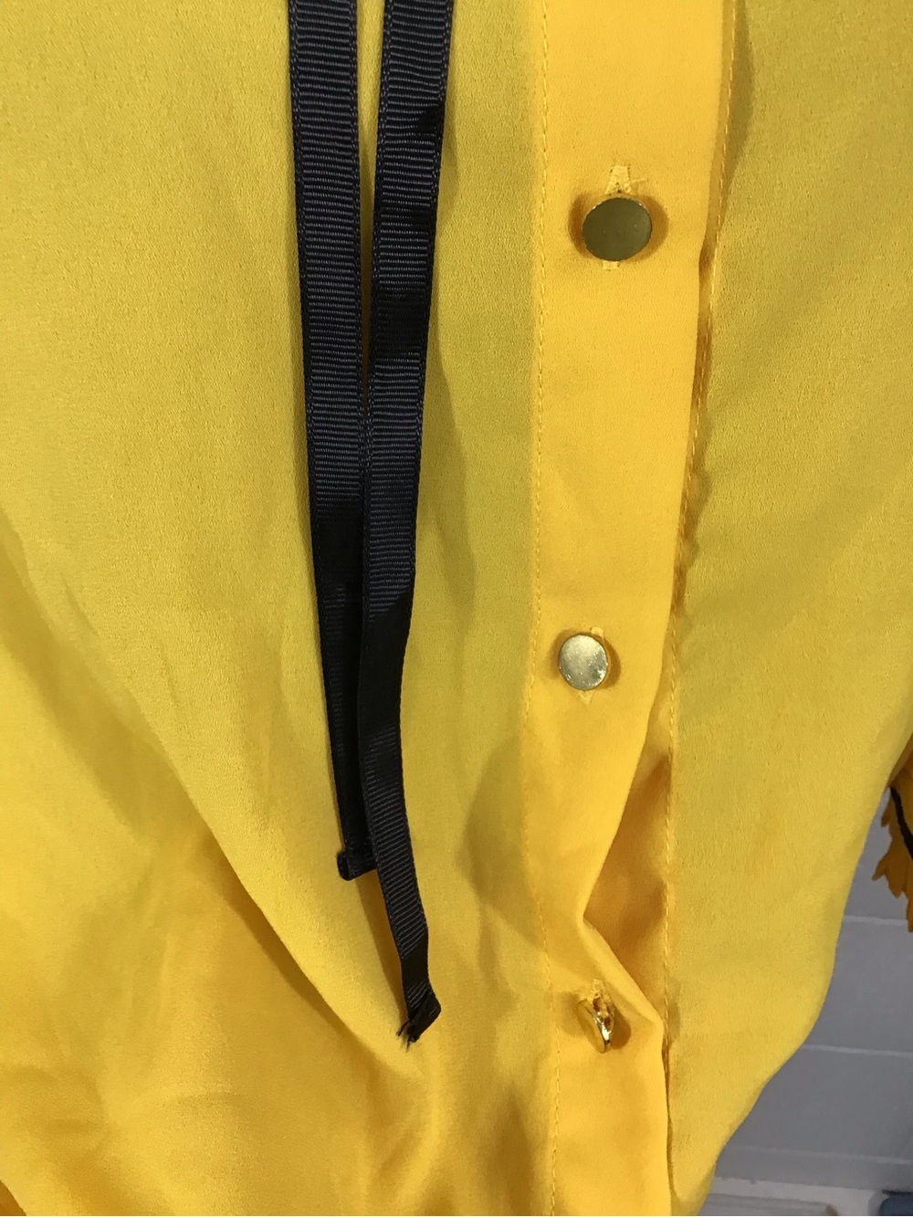 Bright Yellow High Neck Black Ribbon Tie Ruffle Collar 3/4 Sleeve Chiffon Blouse - Picture 8 of 12